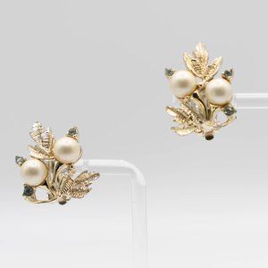 Vintage Gold Tone Leaves and Faux Pearls and Crystals- Clip Ons